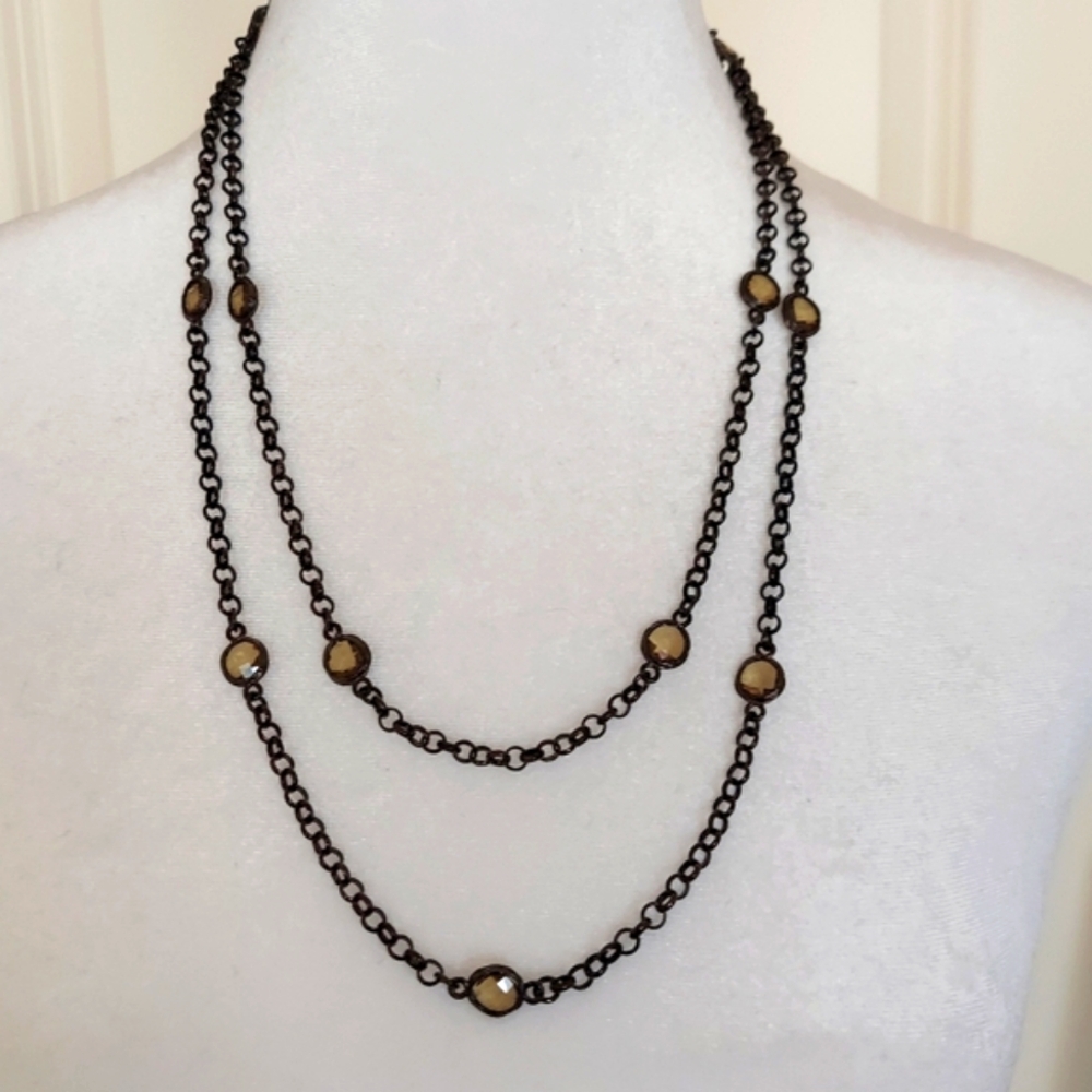 Elegant Black Chain With Pale Green Acrylic Encircled Stones Necklace 50" Length